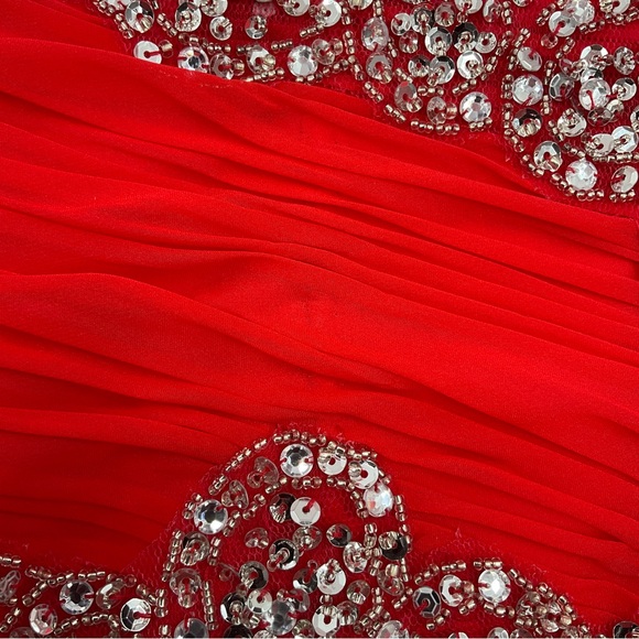 Mac Duggal Strapless Red Gown with Silver Detailing - Picture 12 of 16